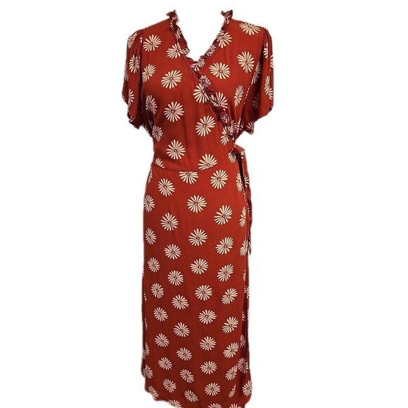 Madewell Ruffle-Edge Wrap Midi Dress Floral Daisy Daydream Orange Clay Size XL - Picture 3 of 10